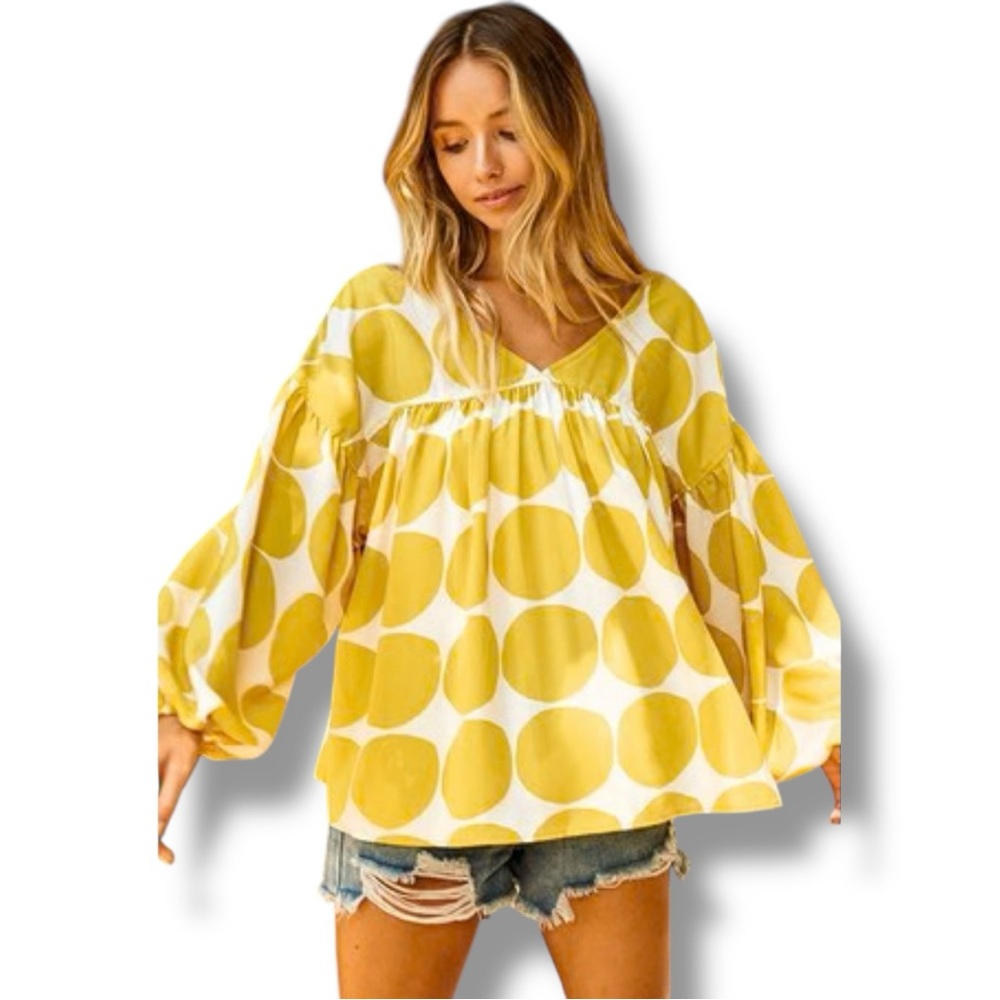 Ces Femme Yellow and White Long Balloon Sleeve Lightweight Flowy V-Neck Blouse - Picture 1 of 16